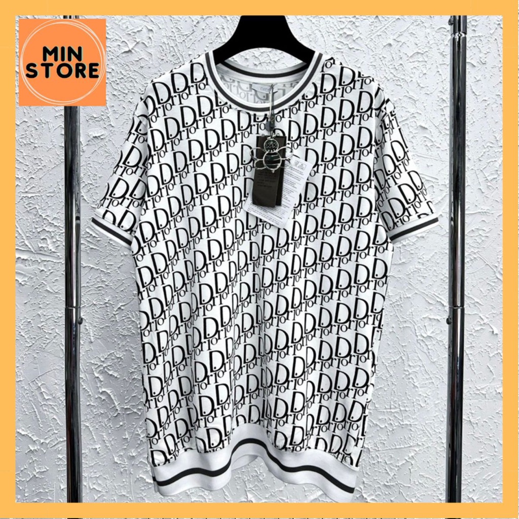 Áo Phông Nam Nữ Dập Vân Chữ CD Monogram Đen Trắng Phối Bo Sọc Chun - Áo Thun Siêu Cấp Chất Cotton Mát Thấm Hút Mồ Hôi