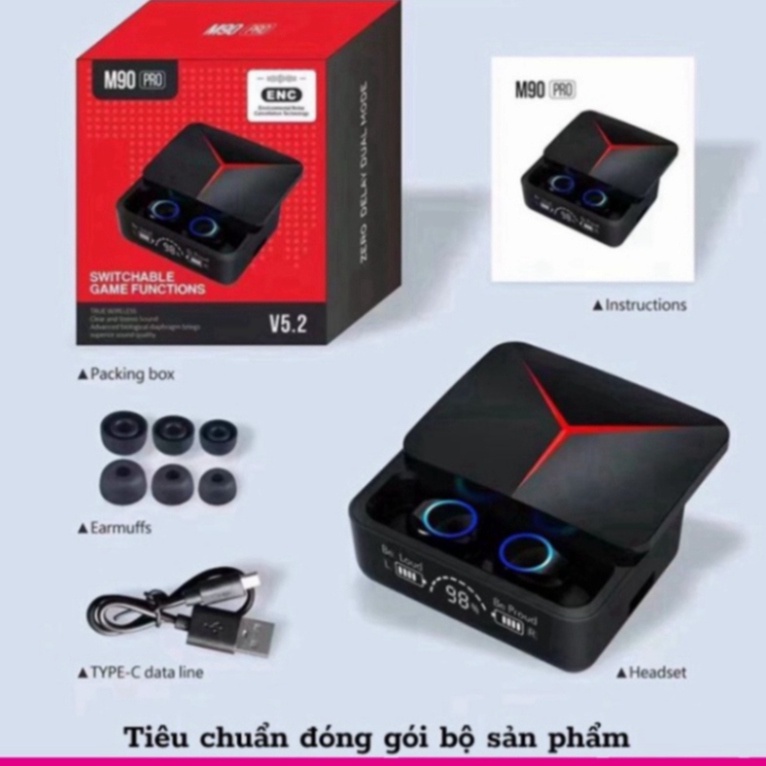 Tai nghe bluetooth M90 Pro TWS cảm ứng, màn hình led, chống nước, có mic đàm thoại, nghe nhạc, kiêm sạc dự phòng free sh