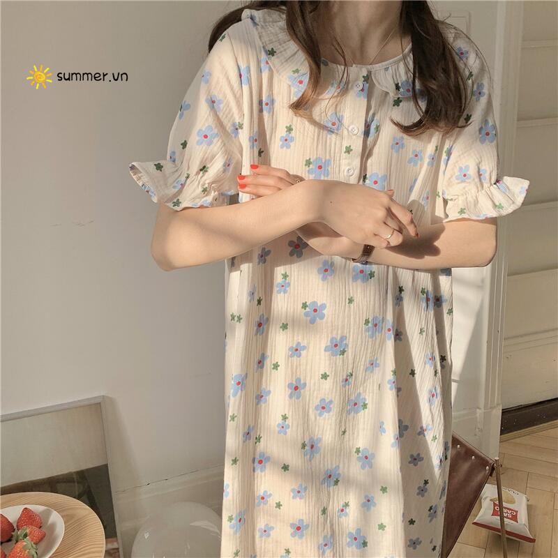 Đầm Ngủ Cotton Cổ Búp Bê Họa Tiết Hoa Nhỏ Phong Cách Hàn Quốc Ngọt Ngào Thời Trang Mùa Hè Cho Nữ