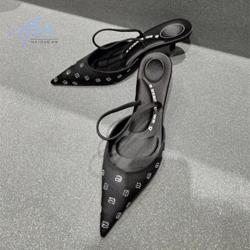 Sandal Cao Gót Mũi Nhọn Màu Đen Đính Đá Thời Trang Mùa Hè 2023 Cho Nữ