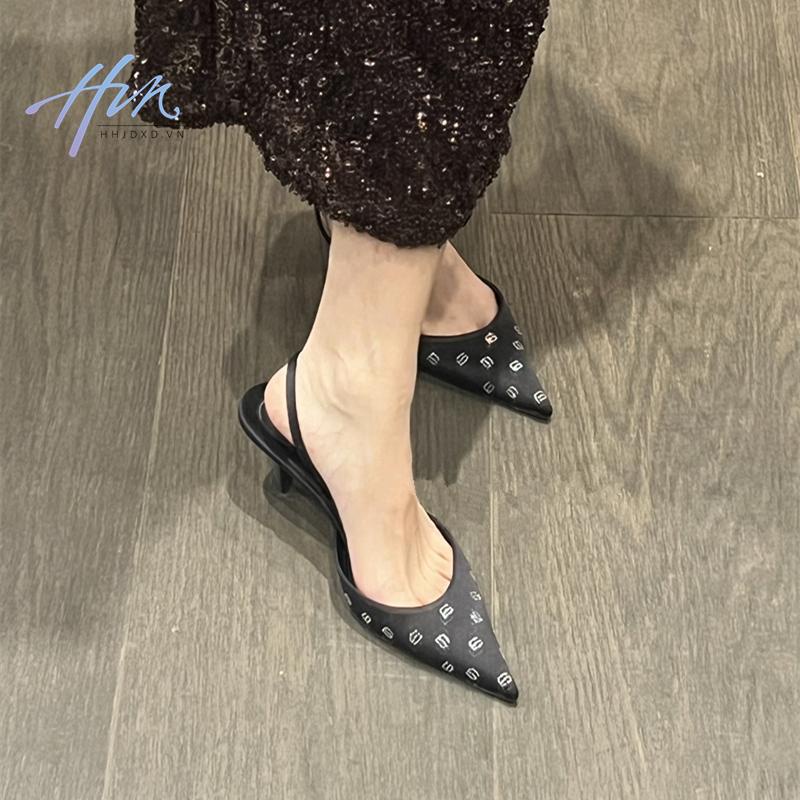 Sandal Cao Gót Mũi Nhọn Màu Đen Đính Đá Thời Trang Mùa Hè 2023 Cho Nữ