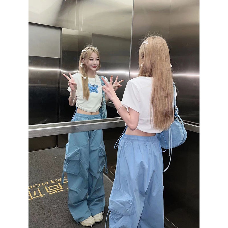 Dopamine Áo Thun Ngắn Nhỏ Nhắn Màu Xanh Dương Hình Bướm Mặc Thường Ngày Cho Nữ dopamine