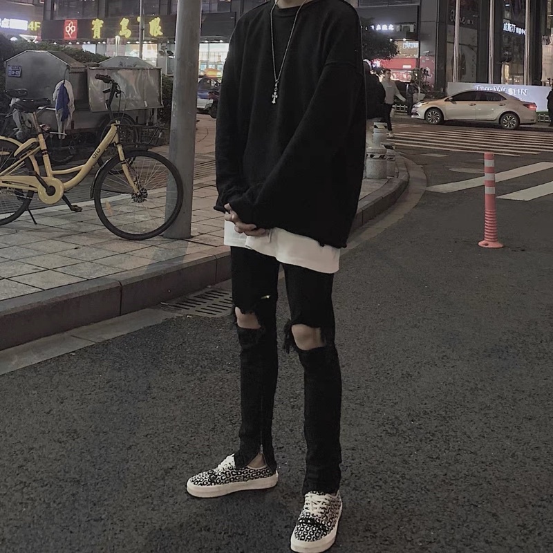 Quần jean rách gối zipper streetwear vải denim co giãn Quixotic