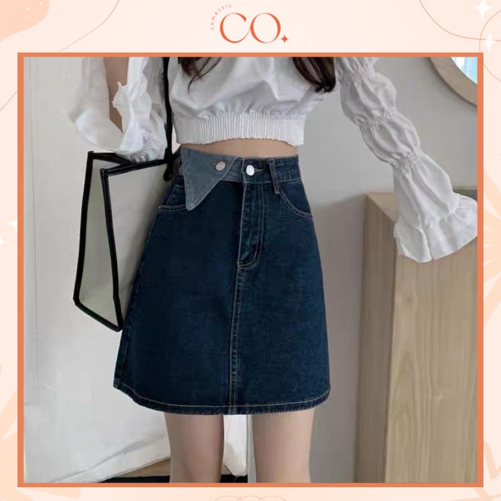 chân váy cạp cao chữ A, chân váy jean kaki phong cách_V9