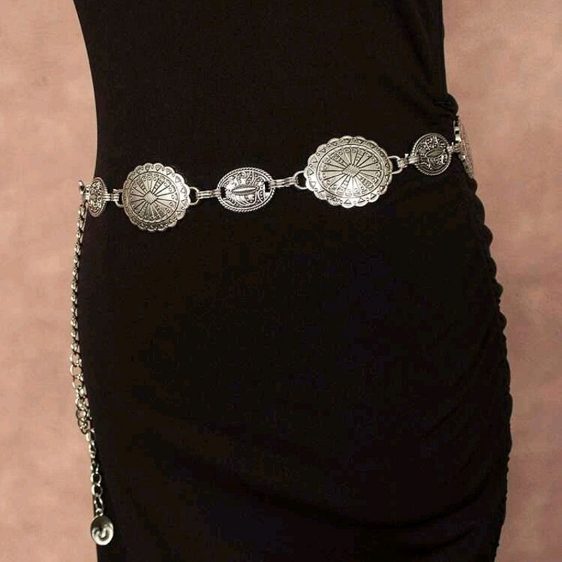 Belt Xích Low Waist Màu Bạc Hoạ Tiết Vintage Cổ Điển Phong Cách Cowboy, Boho