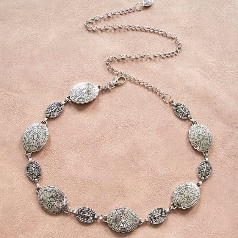 Belt Xích Low Waist Màu Bạc Hoạ Tiết Vintage Cổ Điển Phong Cách Cowboy, Boho