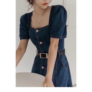 Đầm Jeans Cổ Vuông Gài Nút Dáng Dài