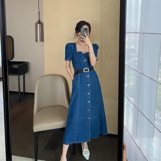 Đầm Jeans Cổ Vuông Gài Nút Dáng Dài