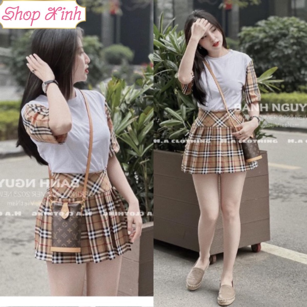 Set Burberry Nữ Áo Phông Mix Chân Váy Xếp Ly Xòe Lưng Cao Hack Dáng Phong Cách Nhật Bản