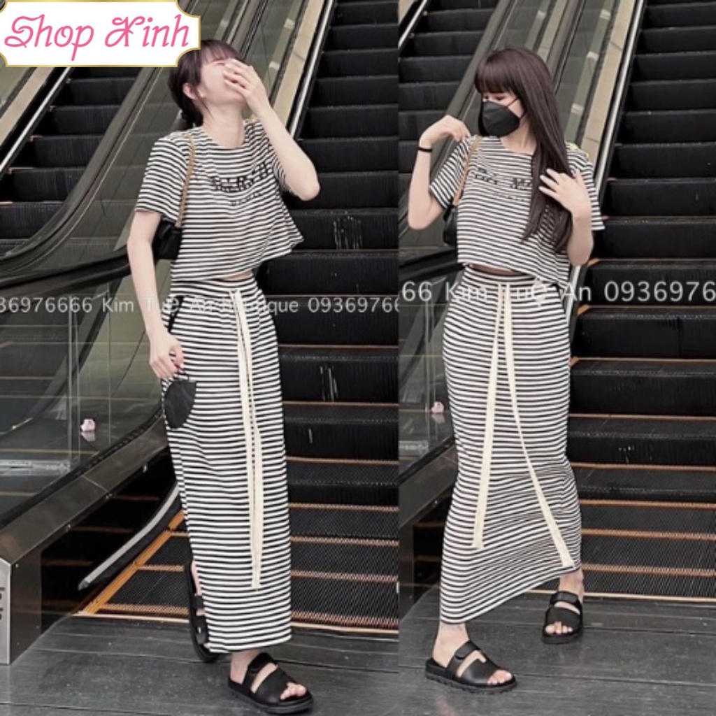 Set Áo Thun Kẻ Ngang Chân Váy Ôm Dài Dây Rút Chất Zip Tàu Co Giãn HT3424