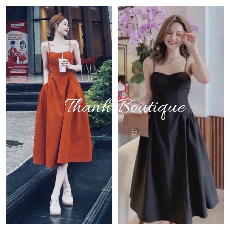 Đầm maxi hai dây nhún túi màu cam - đen (kèm hình thật)💟đầm đi chơi, đi biển, đi tiệc sang chảnh