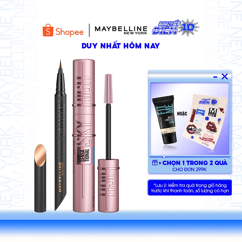Mascara Sky High Tơi Dài Mi Waterproof và Bút Kẻ Mắt Nước Siêu Sắc Mảnh Maybelline New York