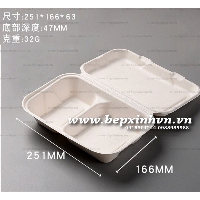 Hộp bã mía 2 ngăn nắp liền 900ml