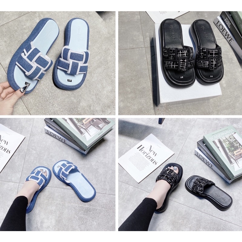 Dép đế Xuồng Đế Bánh Mỳ cao 5cm Quai Ngang chất jean Đan bản to