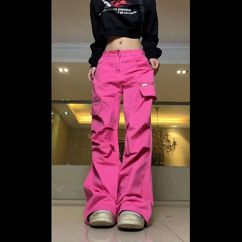 Jiashucheng Quần Yếm Dây Rút Dài Thẳng Màu Hồng Cổ Điển Dễ Phối Đồ Cho Nam Và Nữ