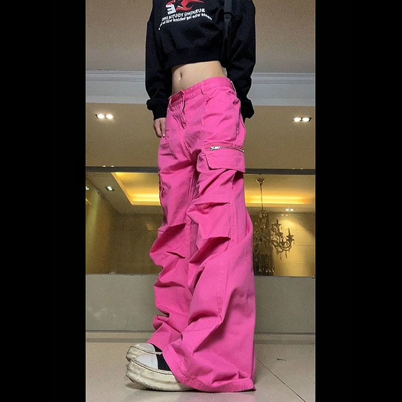 Jiashucheng Quần Yếm Dây Rút Dài Thẳng Màu Hồng Cổ Điển Dễ Phối Đồ Cho Nam Và Nữ