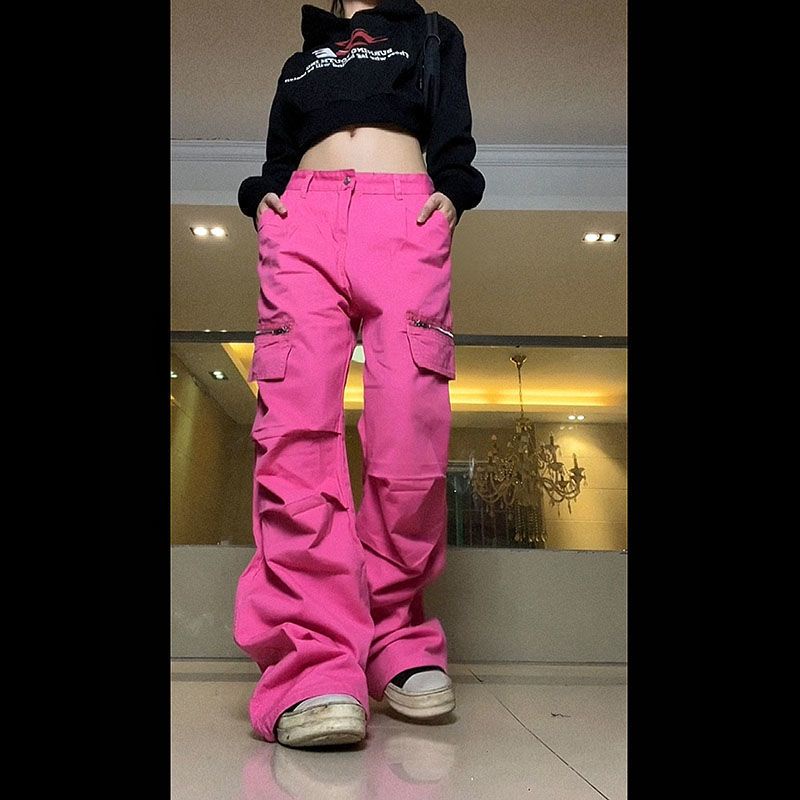 Jiashucheng Quần Yếm Dây Rút Dài Thẳng Màu Hồng Cổ Điển Dễ Phối Đồ Cho Nam Và Nữ