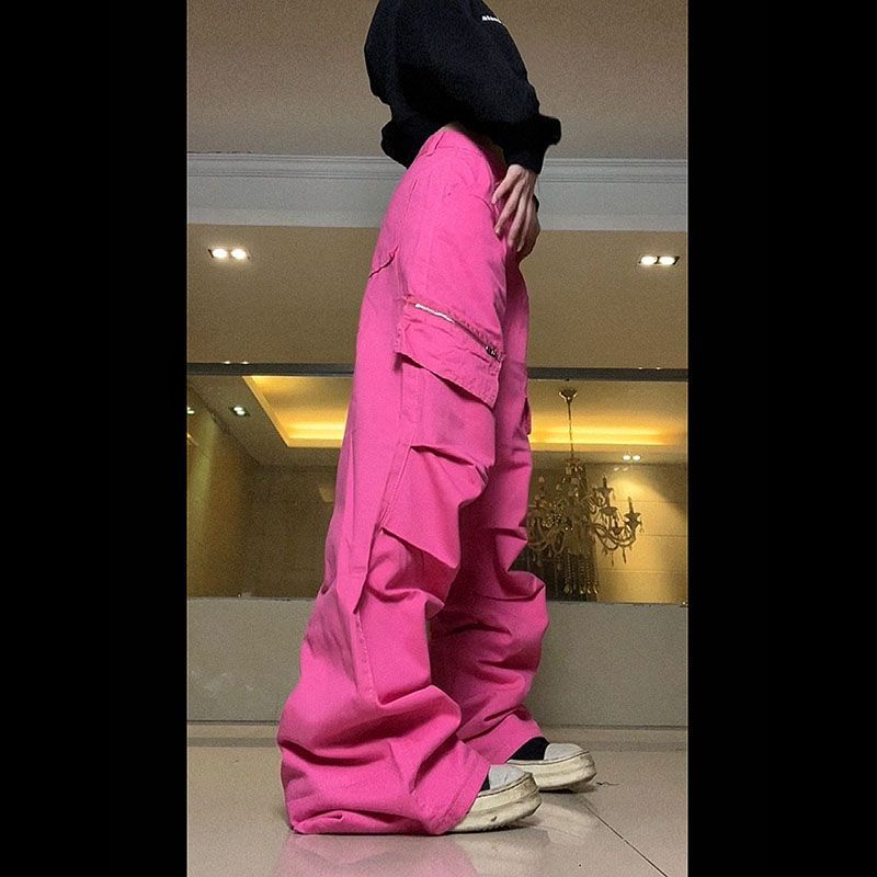 Jiashucheng Quần Yếm Dây Rút Dài Thẳng Màu Hồng Cổ Điển Dễ Phối Đồ Cho Nam Và Nữ