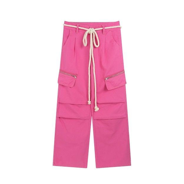 Jiashucheng Quần Yếm Dây Rút Dài Thẳng Màu Hồng Cổ Điển Dễ Phối Đồ Cho Nam Và Nữ