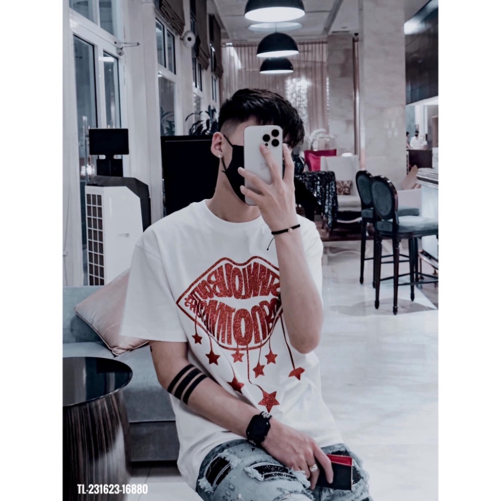 Áo Thun Nam Nữ Họa Tiết Logo Đôi Môi Kim Tuyến Cao Cấp Áo Phông Siêu Cấp Unisex Cổ Bo Chất Lượng