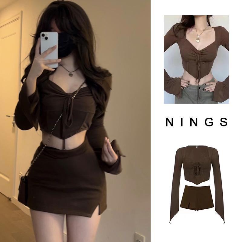 Jiashucheng Bộ Áo Dài Tay Xếp Ly Ngực Không Đối Xứng Phong Cách Mỹ Hàng Mới Dành Cho Bé Gái