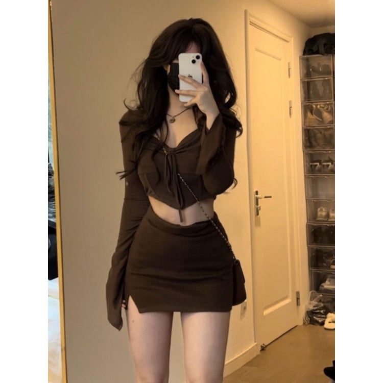 Jiashucheng Bộ Áo Dài Tay Xếp Ly Ngực Không Đối Xứng Phong Cách Mỹ Hàng Mới Dành Cho Bé Gái