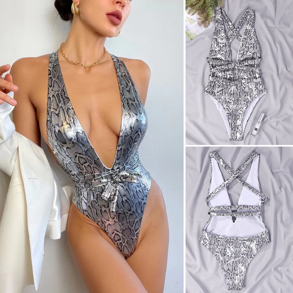 Bộ Đồ Bơi Một Mảnh Cổ Chữ V Lưng Cao Họa Tiết Da Rắn Thời Trang Quyến Rũ Cho Nữ