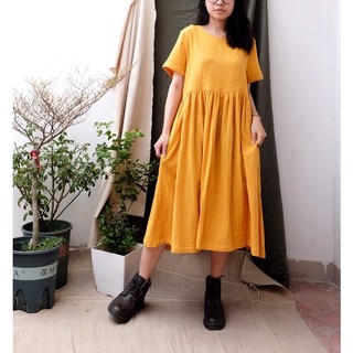 Váy Babydoll Xô Muslin Vintage Xòe Rộng Tay Ngắn