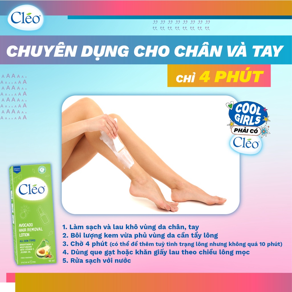 Bộ đôi Kem tẩy lông Cléo 50g cho da thường và Lotion Tẩy Lông Cléo 90ml cho mọi loại da tẩy lông toàn thân an toàn