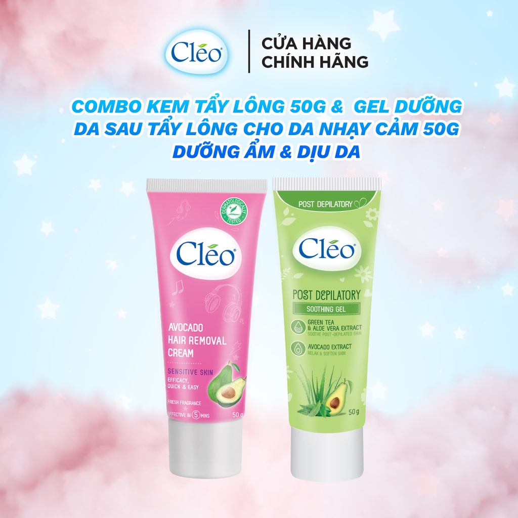 Combo kem tẩy lông Cléo Cho da nhạy cảm 50gr + Gel dưỡng da sau tẩy lông Cléo làm dịu da tức thì và dưỡng da ẩm mượt