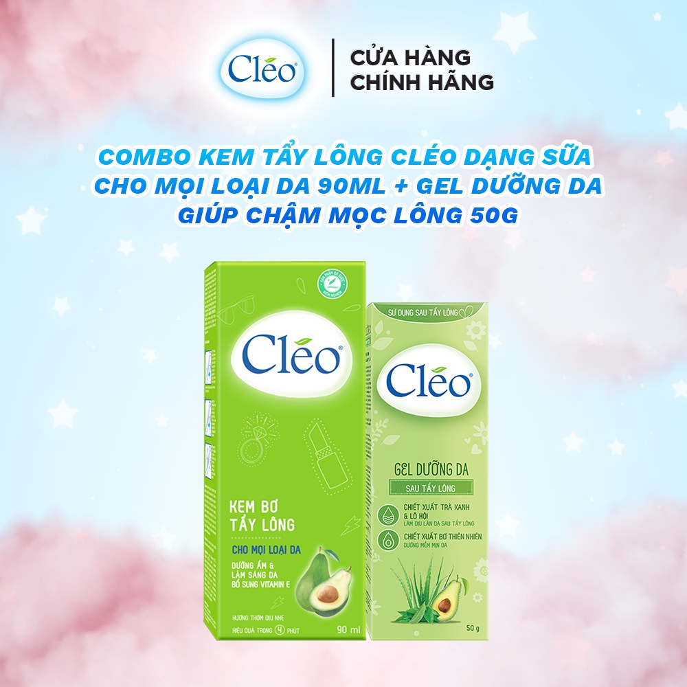 Bộ đôi Lotion Kem Tẩy Lông Cléo dạng sữa Avocado 90ml + Gel Dưỡng Da Sau Tẩy Lông Cleo 50g