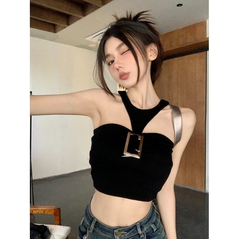 Xiaozi ~ Áo Hai Dây Màu Đen Phong Cách Desire Thời Trang Mùa Hè Mới Mặc Ngoài Trời Cho Nữ