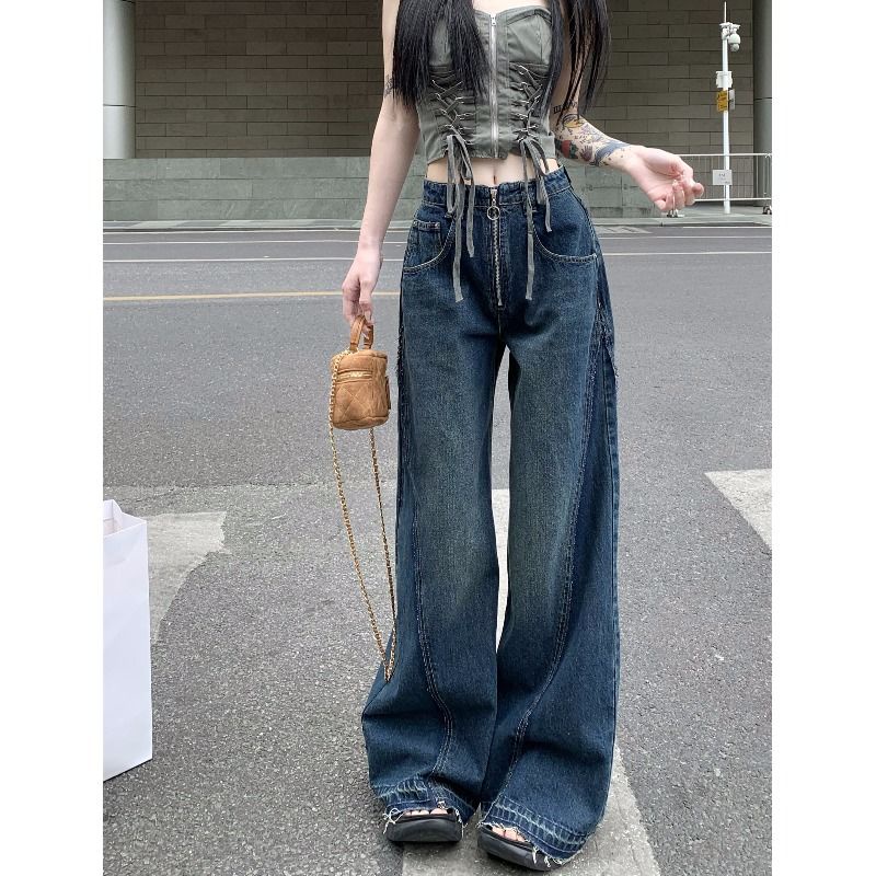 Jiashucheng Quần Jean Dài Eo Cao Dáng Rộng Có Khóa Kéo Phong Cách Retro Mỹ Thời Trang Mùa Hè Mới Dành Cho Bạn Nữ