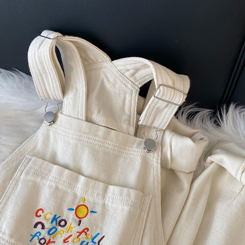 Quần Yếm Denim Lưng Cao Ống Rộng Thêu Họa Tiết Phong Cách Retro Mùa Thu Mới Dễ Phối Đồ Cho Nữ