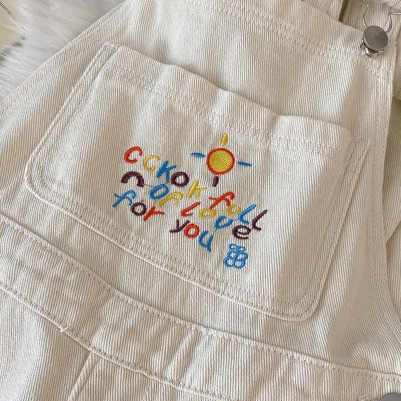 Quần Yếm Denim Lưng Cao Ống Rộng Thêu Họa Tiết Phong Cách Retro Mùa Thu Mới Dễ Phối Đồ Cho Nữ