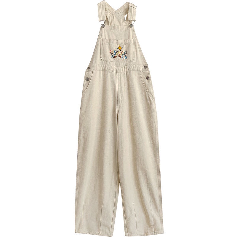 Quần Yếm Denim Lưng Cao Ống Rộng Thêu Họa Tiết Phong Cách Retro Mùa Thu Mới Dễ Phối Đồ Cho Nữ