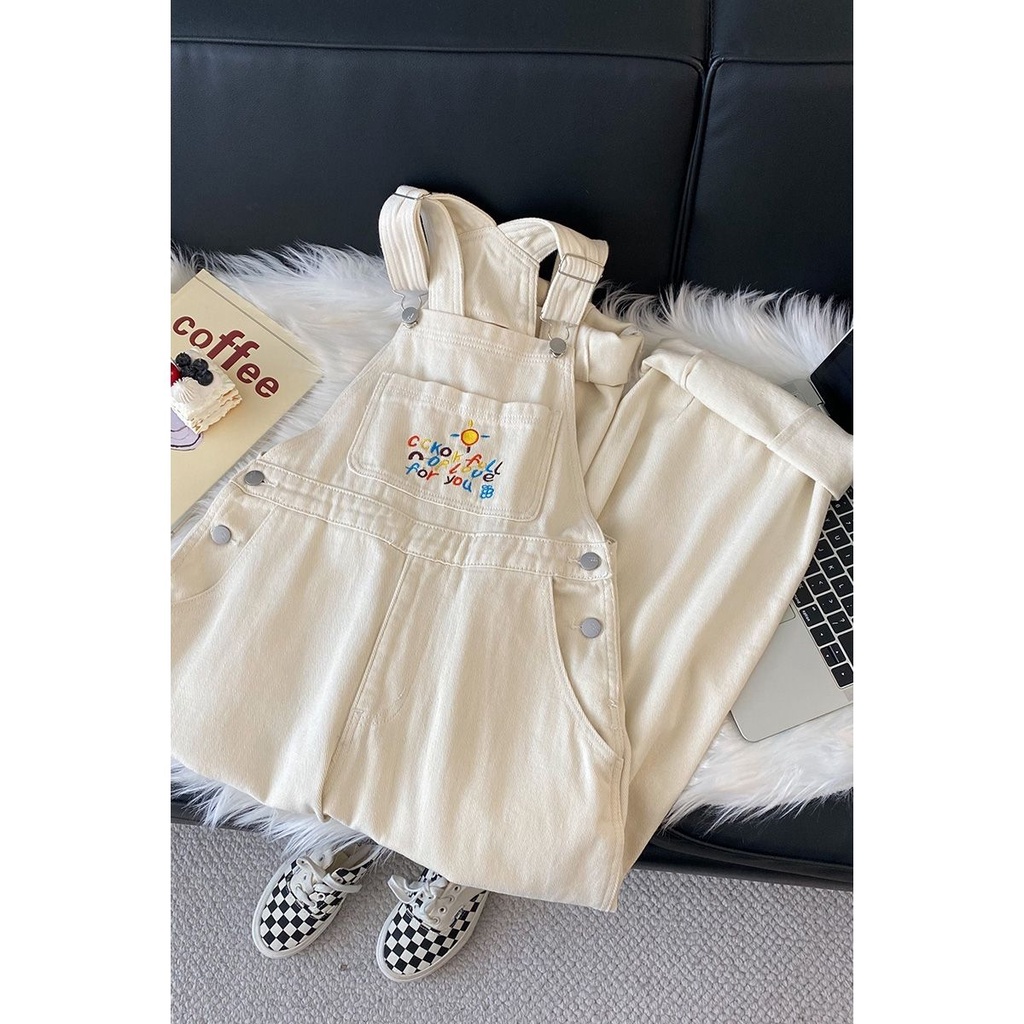 Quần Yếm Denim Lưng Cao Ống Rộng Thêu Họa Tiết Phong Cách Retro Mùa Thu Mới Dễ Phối Đồ Cho Nữ