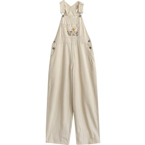 Quần Yếm Denim Lưng Cao Ống Rộng Thêu Họa Tiết Phong Cách Retro Mùa Thu Mới Dễ Phối Đồ Cho Nữ