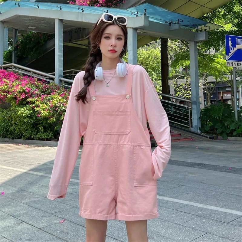Quần Short Yếm Màu Hồng Dáng Rộng Phong Cách Hàn Quốc Thời Trang Mùa Hè Cho Nữ