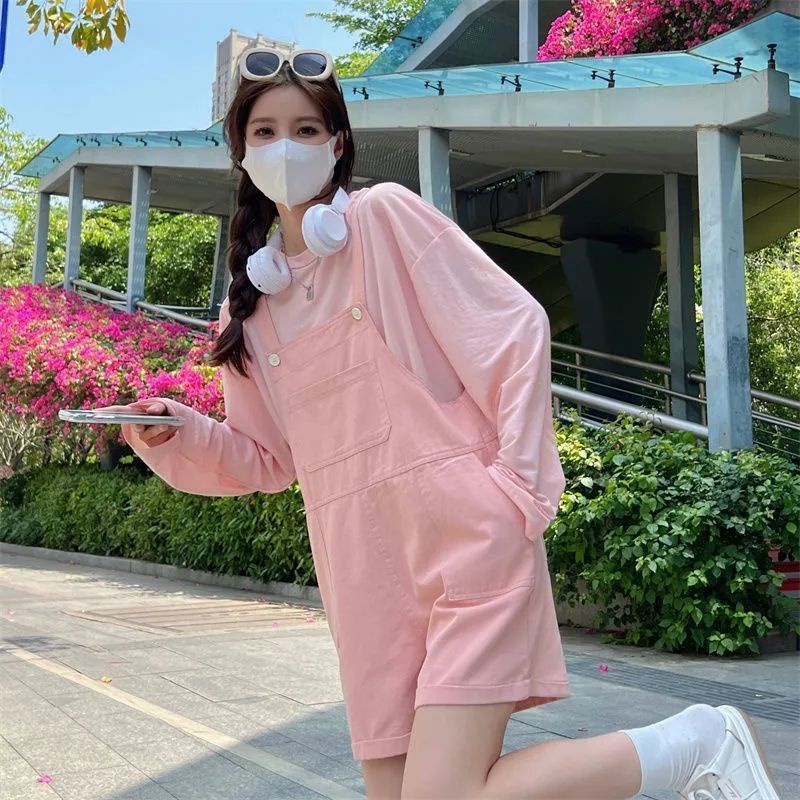 Quần Short Yếm Màu Hồng Dáng Rộng Phong Cách Hàn Quốc Thời Trang Mùa Hè Cho Nữ