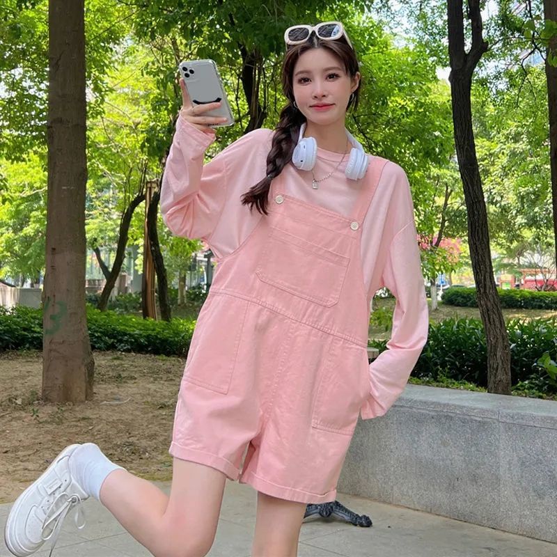 Quần Short Yếm Màu Hồng Dáng Rộng Phong Cách Hàn Quốc Thời Trang Mùa Hè Cho Nữ