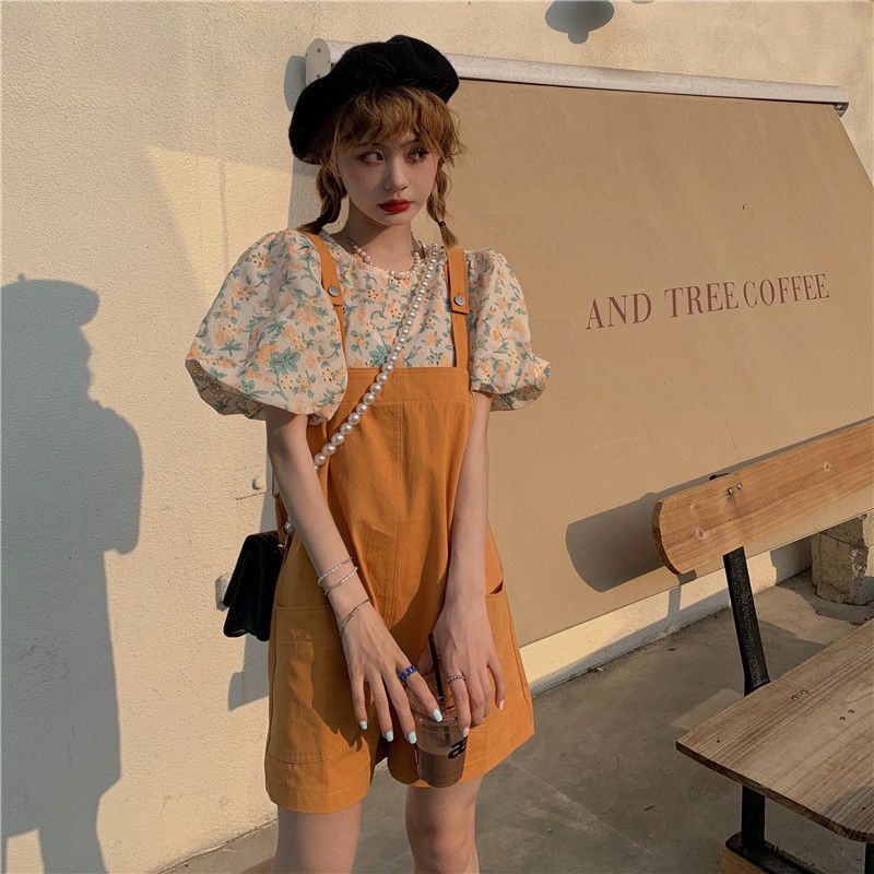 Bộ Áo Tay Phồng + Quần Short Yếm Dáng Rộng Thời Trang Mùa Hè Phong Cách Hàn Quốc Cho Nữ