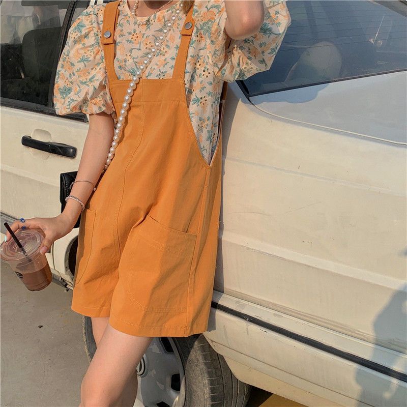 Bộ Áo Tay Phồng + Quần Short Yếm Dáng Rộng Thời Trang Mùa Hè Phong Cách Hàn Quốc Cho Nữ