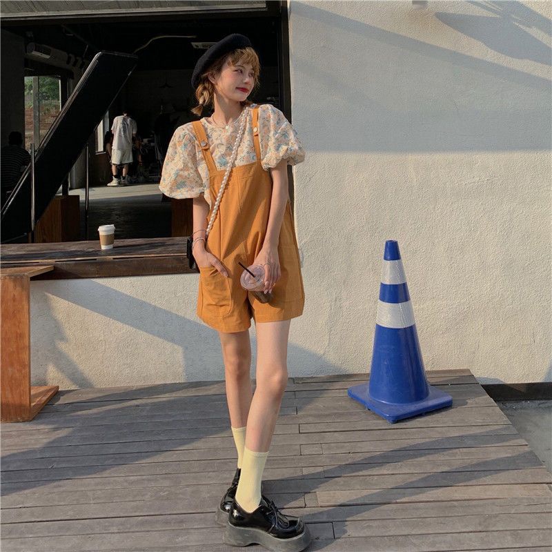 Bộ Áo Tay Phồng + Quần Short Yếm Dáng Rộng Thời Trang Mùa Hè Phong Cách Hàn Quốc Cho Nữ