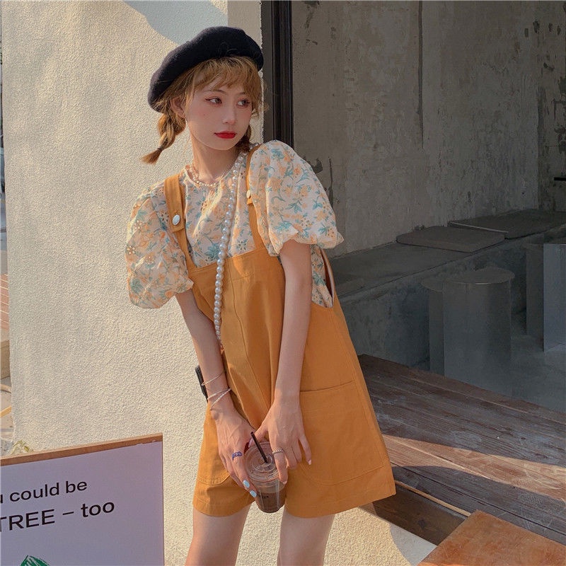 Bộ Áo Tay Phồng + Quần Short Yếm Dáng Rộng Thời Trang Mùa Hè Phong Cách Hàn Quốc Cho Nữ