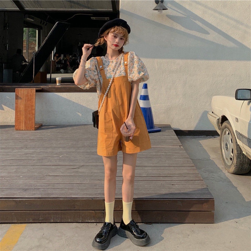 Bộ Áo Tay Phồng + Quần Short Yếm Dáng Rộng Thời Trang Mùa Hè Phong Cách Hàn Quốc Cho Nữ