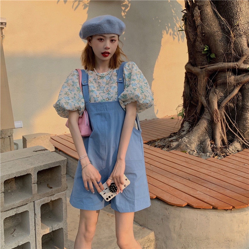 Bộ Áo Tay Phồng + Quần Short Yếm Dáng Rộng Thời Trang Mùa Hè Phong Cách Hàn Quốc Cho Nữ