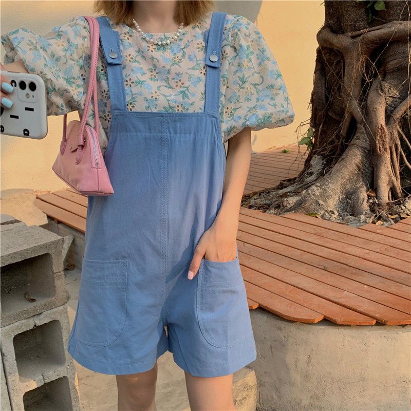 Bộ Áo Tay Phồng + Quần Short Yếm Dáng Rộng Thời Trang Mùa Hè Phong Cách Hàn Quốc Cho Nữ