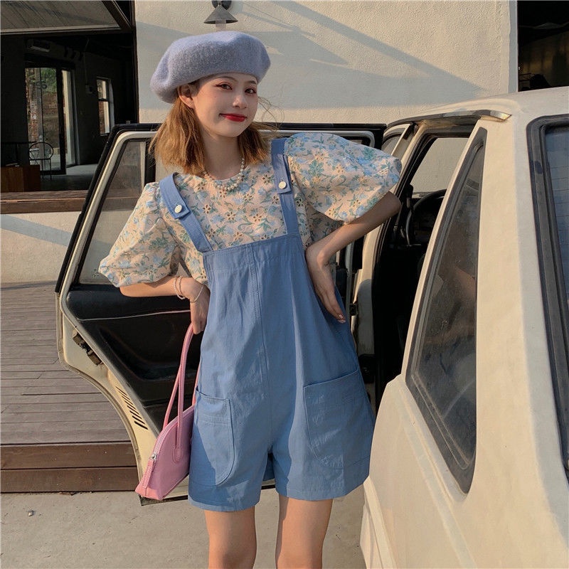 Bộ Áo Tay Phồng + Quần Short Yếm Dáng Rộng Thời Trang Mùa Hè Phong Cách Hàn Quốc Cho Nữ