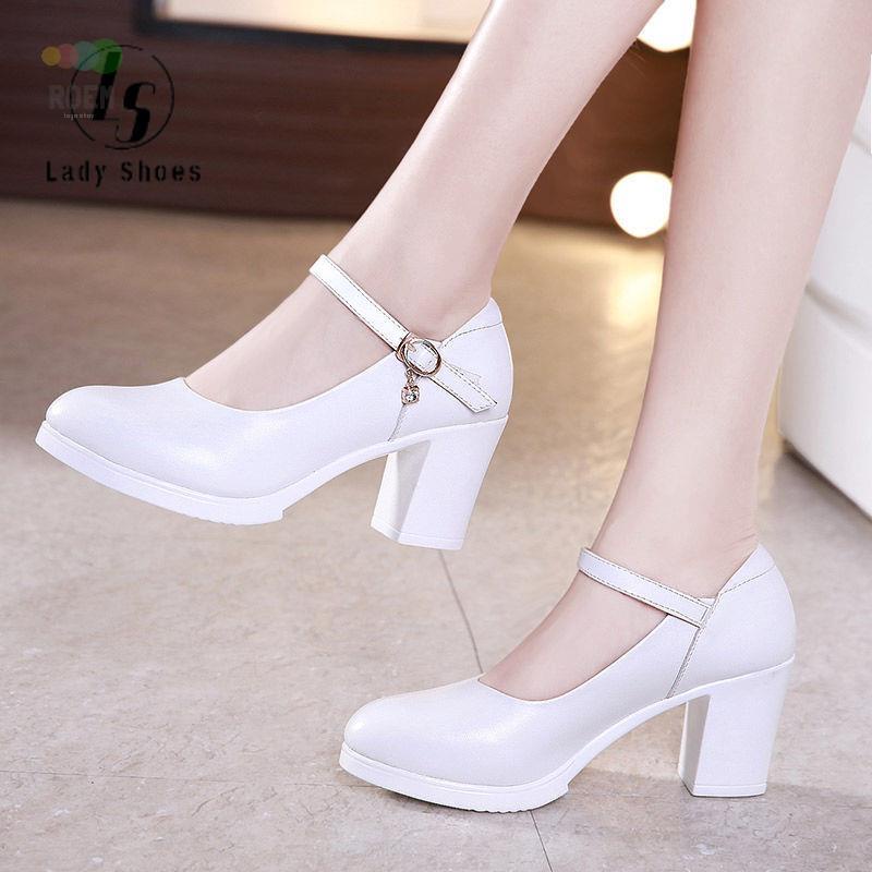 Gót màu trắng cho phụ nữ đóng giày khối Sườn xám Catwalk Giữa gót dày Nền tảng làm việc Mũi tròn màu đen cho nữ Thời tra